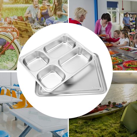 Boîte à lunch/boîte à repas en acier inoxydable 304, assiette compartimentée avec couvercle pour réfectoire, assiette carrée pour enfant de maternelle (1/5)