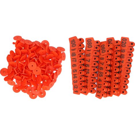 Lot de 100 étiquettes auriculaires numérotées de 001 à 100 pour bovins (vaches, veaux, porcs, chèvres). Identification animale. Couleur orange. (1/5)