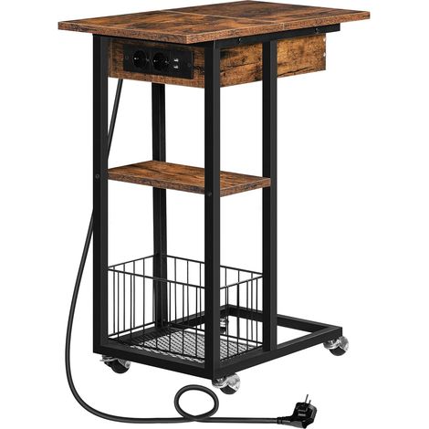 Beistelltisch mit Ladestation, Flip C-Form Sofatisch, Couchtisch mit Rädern und Ablagefläche, Nachttisch für Wohnzimmer, Schlafzimmer, Dunkelbraun (1/5)