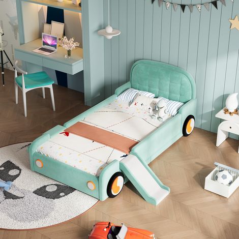 Lit voiture enfant avec toboggan 90x200 cm, escalier réversible, barrière de sécurité, velours, bleu vert (1/5)