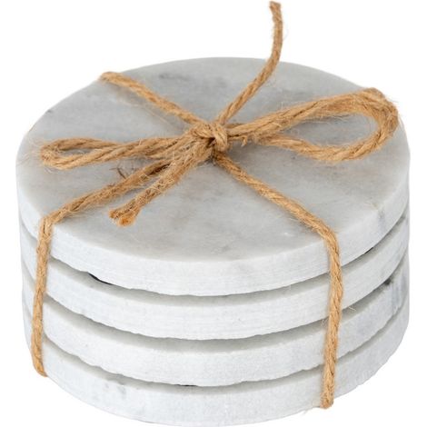 Round Marble Coasters (Set of 4) - Stone - L9 x W9 x H4 cm - White