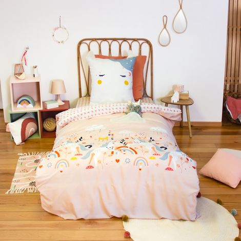 Parure de lit enfant 140x200 cm microfibre 72 g/m2 – Motifs licornes et arcs-en-ciel – Housse de couette et taie d'oreiller 2 pièces – Linnea (1/5)