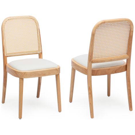 Chaises de salle à manger en bois massif avec dossier en rotin (lot de 2) — Confortables et respirantes  adaptées aux salles à manger, salons, cafés, etc. Style moderne avec revêtement en lin et finit (1/5)