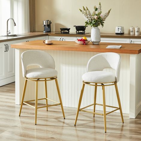 Lot de 2 Tabourets de Bar Pivotants 360° en Chenille - Pieds Métal Doré - Design Moderne avec Dossier Ajouré - Cuisine & Bar (1/5)