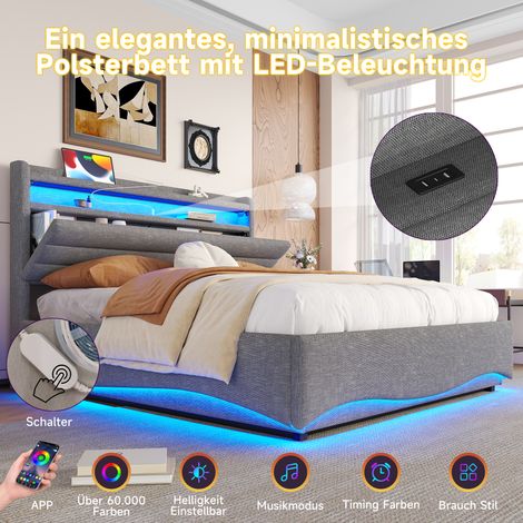 Lit rembourré 140x200 cm lin gris,LED,hydraulique,USB/Type-C,rangements et étagères,lit double moderne et fonctionnel (1/5)