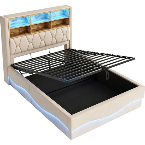 Cama tapizada 140x200 cm con almacenaje hidráulico, LED APP, USB, somier metálico, beige (1/5)