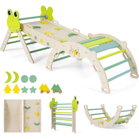 7 en 1 Triangle d'escalade Enfant Pliable sur Thème Grenouille avec Rampe & Échelle, Arche d'escalade Montessori en Bois Hêtre, pour 1 an+, Vert (1/5)
