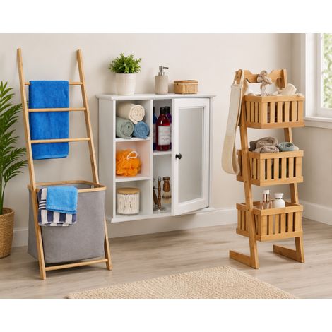 Juego organizador de baño de bambú (3 piezas): toallero, armario con espejo y estante de 3 cestas. (1/5)