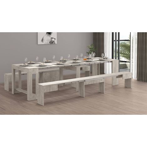 Dmora - Banco Quedan, Juego de 2 Asientos para mesa de comedor, Bancos extensibles, 290x25h45 cm, Cemento (1/5)