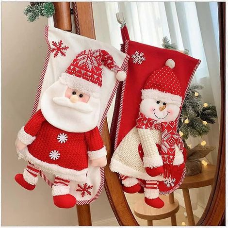 Chaussette de Noël en peluche à suspendre, avec support Père Noël et bonhomme de neige, pour décorer le sapin de Noël. (1/5)