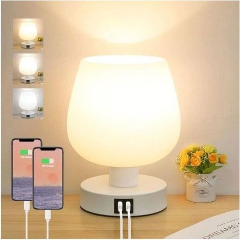 Lampe de Chevet Tactile - Blanc - Intensité Variable 3 Voies - 2 Ports USB - Ampoule LED Incluse (1/4)