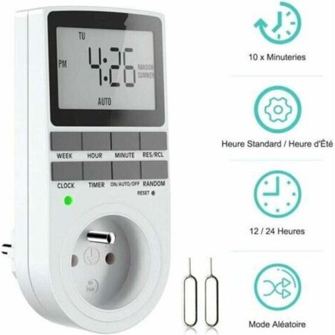 Minuteur hebdomadaire numérique programmable avec écran LCD (12 heures/24 heures/7 jours), adapté aux appareils ménagers et aux équipements d'éclairage (1 unité). (1/4)