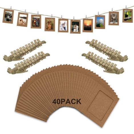 40 Pack Light Brown Paper Photo Frames Measuring 4" x 6" with Hanging Twine and Clothespins for Photo Banner, Display and Event Decorations (1/5)