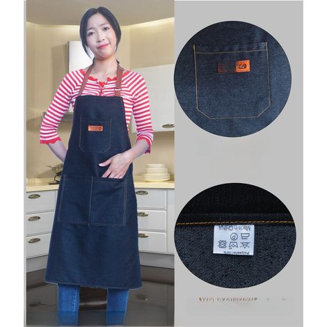 Tablier de travail en denim de protection nordique en gros, tablier de cuisine et d'entretien ménager transfrontalier Amazon, tablier coréen adulte (fermé, ajustable, noir avec étiquette en cuir) (1/5)