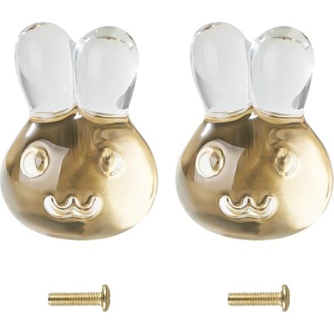 Lot de 2 boutons transparents lapin/papillon, poignées laiton pour armoires et commodes. (1/5)