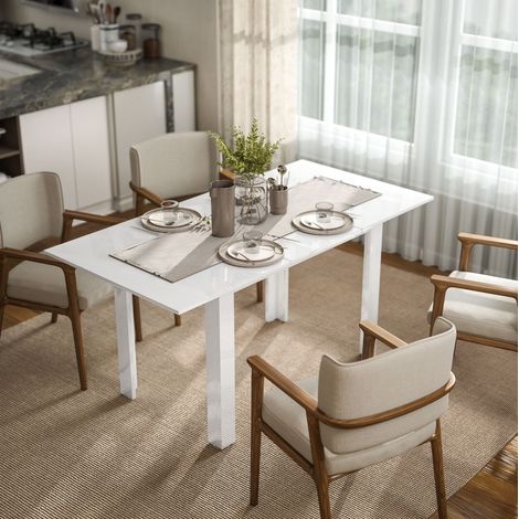 Mesa de comedor extensible 120-160 x 80 x 78 cm MDF blanco brillo 4-6 personas DESVIAE (1/5)