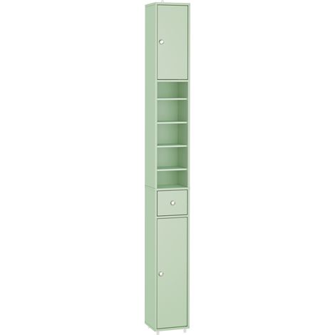 SoBuy Bathroom Cabinet Column 20 cm - Narrow Storage Cabinet with Drawer and Adjustable Shelves - Compact Bathroom Cabinet for Toilet, Small Spaces - Green, MDF, 20x20x180cm, BZR34-II-GR