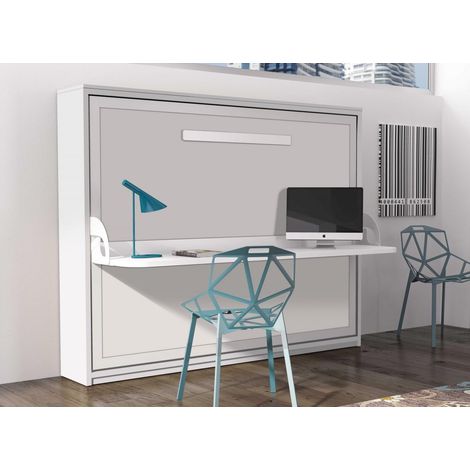 Lit escamotable avec bureau 90x200 blanc satiné P 35cm Kinoa (1/5)