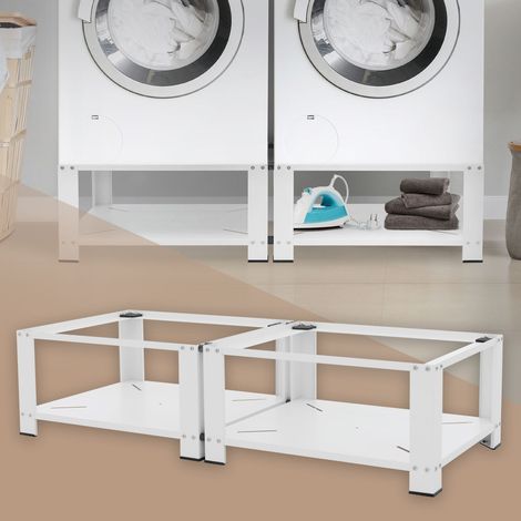 ML-Design Socle pour Machine à Laver Double avec 2 Étagère, Acier, Blanc, 128x54 cm, 2x150kg, Support Lave-Linges Standard, Pieds Antidérapants, Support Base de Lave-Linge, Estrade de 32 cm de Hauteur (1/5)