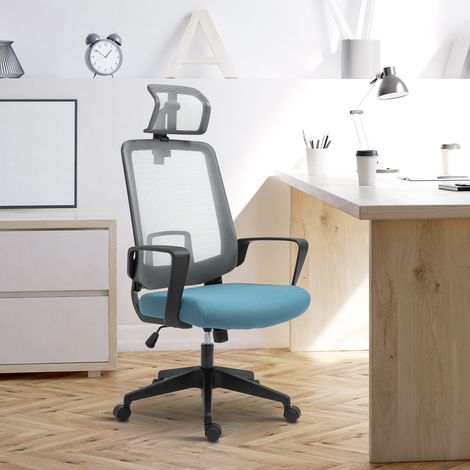 Sedia da ufficio girevole ergonomica con altezza regolabile, supporto lombare, braccioli e poggiatesta regolabili, tessuto a rete traspirante, 63,5 x 63 x 116,5-125,5 cm, blu e grigio (1/5)