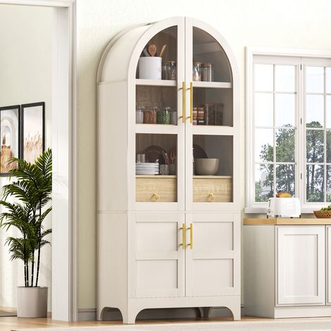 Credenza Alta con 3 Cassetti, Ante in Vetro Rigato e Ripiani Regolabili per Cucina e Sala da Pranzo, Bianca (1/5)