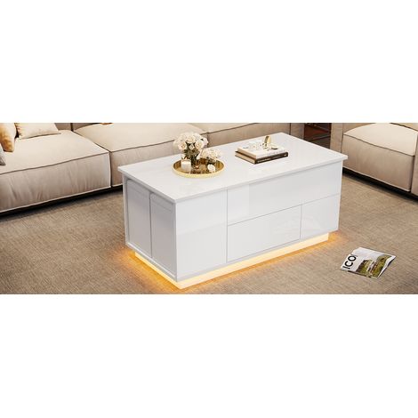 Table basse blanche relevable en bois composite avec LED, 2 tiroirs, rangement caché et 2 poufs pour salon, séjour et salle à manger (1/5)