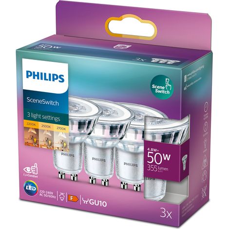 Philips LED SceneSwitch GU10 Spotlampe 50 W Dimmbar Warmweißes Licht - 3 Stück (1/2)