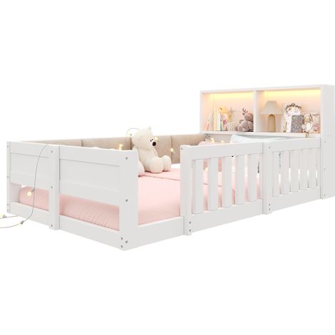 Cama infantil con barreras 90 x 200 cm con LED y almacenaje Blanca (1/5)