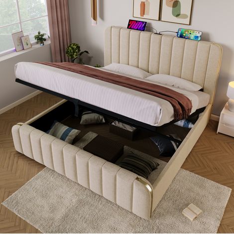 Cama con arcón 180x200 cm con cabecero beige de lino, somier de lamas, USB y USB-C (1/5)