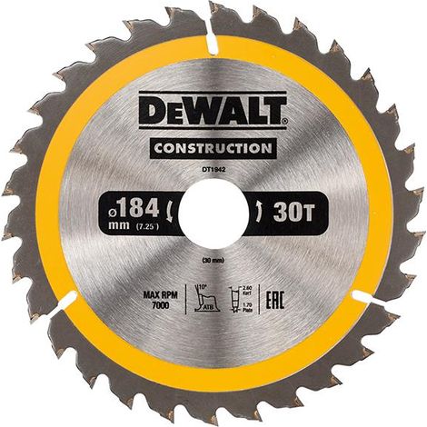 DeWALT DT1942 Portable Construction Circular Saw Blade 184 x 30mm x 30T
