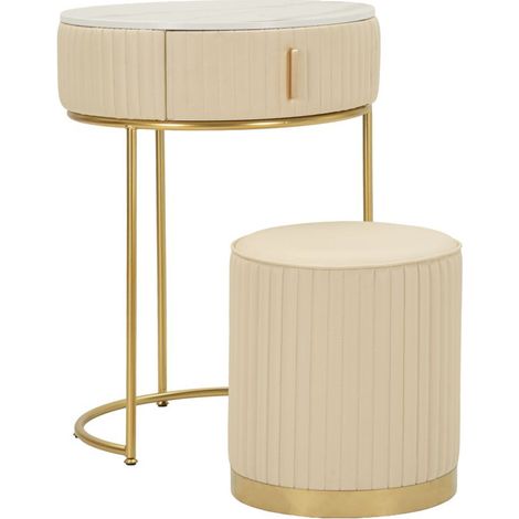 Table de Chevet avec Pouf "Pok" 70cm Crème & Or (1/5)