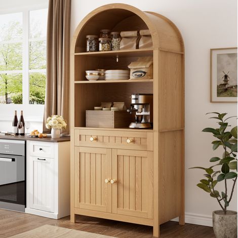 Hochschrank 76x40x180 cm, Bogenfront, offene Ablagen, Gewürzregale, MDF und Spanplatte, Natur (1/5)