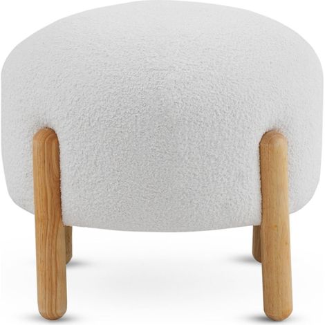 Pouf recouvert de tissu bouclé blanc, avec une structure et des pieds en bois de pin naturel (1/5)