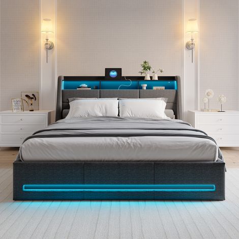 Lit double avec prise USB et sommier à lattes, lit rembourré 140 x 200 cm avec tête de lit à LED, rangement hydraulique et structure métallique, lit pour adolescent, tissu en lin gris, sans matelas