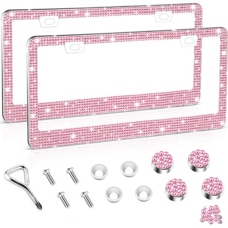 Lot de 2 Cadres de Plaque d'Immatriculation Strass Cristal pour Voiture Rose (1/5)