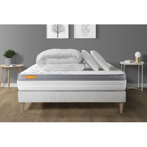 Ensemble matelas sommier Memo zen 140 x 200 cm - Couleur : Blanc avec 2 oreillers et couette (1/5)