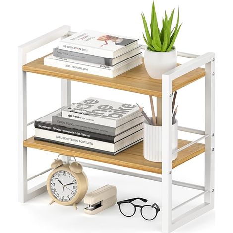 Étagère Bureau Double en Bois, Organiseur de Bureau Compact, Étagère de Rangement à Poser sur Bureau pour Livres et Fournitures, Petite Étagère pour Plan de Travail, Commode ou Bibliothèque (Blanc) (1/4)