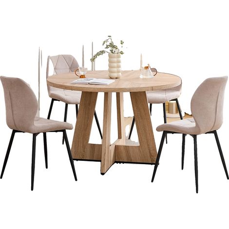 Juego de comedor, mesa redonda moderna, sillas tapizadas, color beige. (1/2)