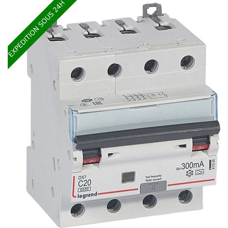 Legrand – Disjoncteur différentiel monobloc DX³ 400V 20A – 10kA – Type A 300mA – Arrivée haute, départ bas à vis – 4 modules