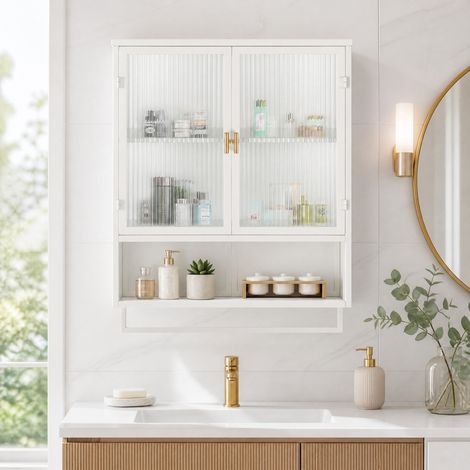 Armoire murale 60x23x78 cm en métal et verre blanc, avec rangement pour salle de bain FloraGrace (1/5)