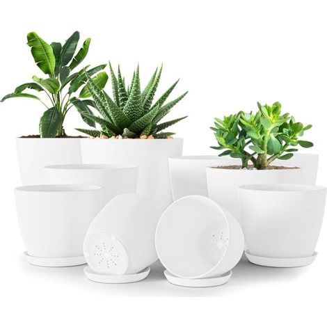 Lote de 10 macetas para flores de 18/17/15/13/12 cm con plato, ideales para la cocina, el balcón y plantas de jardín, en color blanco. (1/4)