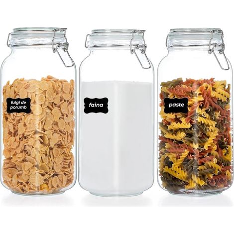 Set di 3 grandi barattoli in vetro, contenitori per ingredienti da cucina, per alimenti secchi, contenitori per caffè, zucchero, pasta, cereali, coperchio a tenuta stagna, senza BPA, 2,2 litri, traspa (1/5)