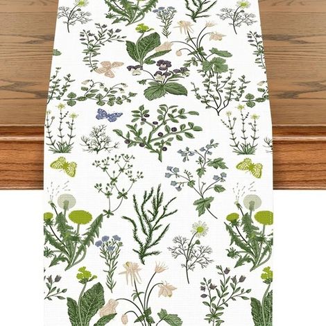 Camino de mesa, Camino de mesa de Pascua, Lino, comedor y fiestas, 33 x 183 cm, Margaritas amarillas, flores y hojas de lavanda (1/5)