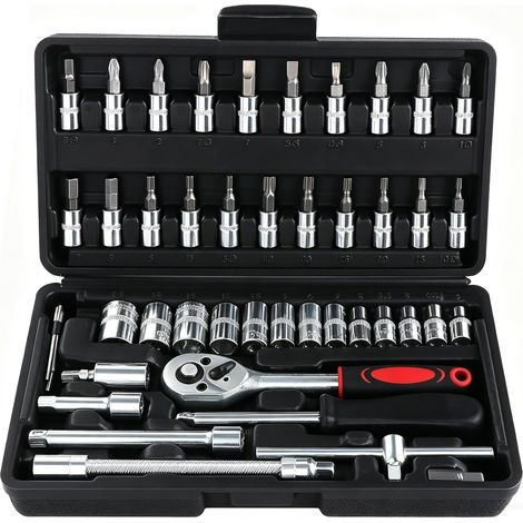 46pcs kit de clé à douille, cliquet, cliquet douille métrique, outil réparation voiture tête tournevis 1/4 "(noir) Noir - (1/5)