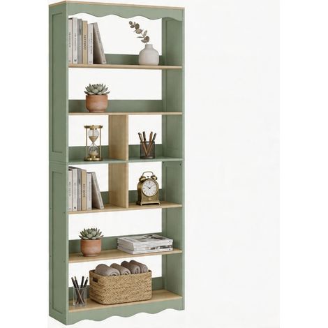 Bibliothèque moderne en bois naturel et vert, 6 niveaux, 76 x 23,8 x 180 cm, étagère élégante et pratique pour rangement. (1/5)