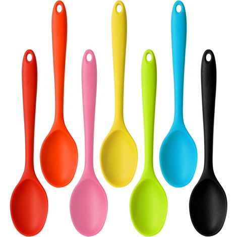 Set mit 7 Rührlöffeln aus Silikon und Edelstahl – Rührlöffel mit langem Griff – Bunte Servierlöffel – Antihaftbeschichtete Silikonlöffel – Küchenutensilien