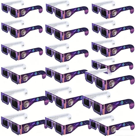 Lunettes d'observation d'éclipse solaire 2026, certifiées CE et ISO, protection sûre pour observation directe du soleil, design ciel étoilé violet et lune, lot de 20. (1/5)