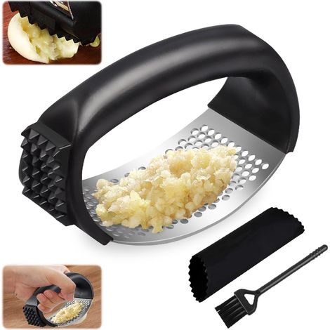 Spremiaglio, Spremiaglio, Spremiaglio in acciaio inossidabile, Spremiaglio manuale in acciaio inossidabile, con pelaaglio in silicone e spazzola per la pulizia, per prosciutto e aglio allo zenzero (1/5)