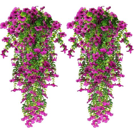 4 pièces Fleurs Artificielles Suspendues Résistantes aux UV Fleurs Artificielles Mur Faux Plante Suspendre Balcon 76 cm Patio Violet (1/4)