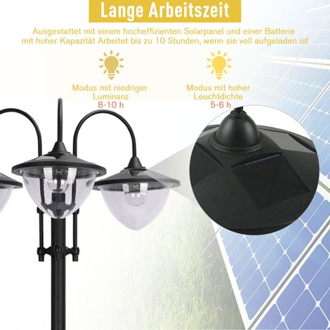 Lampadaire solaire Outsunny en acier, lanterne extérieure avec gradation lumineuse, 189 cm, résistant au vent, étanche IP44, socle pour pot de fleurs, décoration balcon ou jardin, noir.